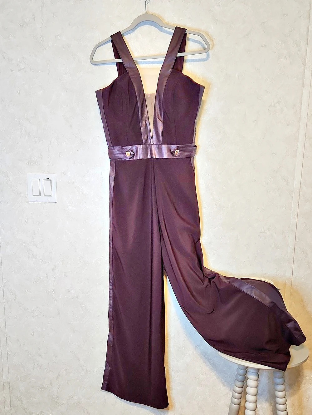 Divina Pele Brown Faux-Leather Trim Jumpsuit Size 42 Like New